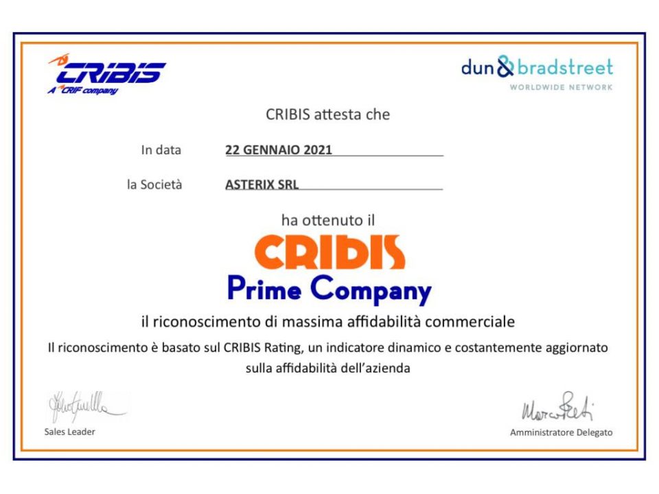 Certificato Cribis Prime Company