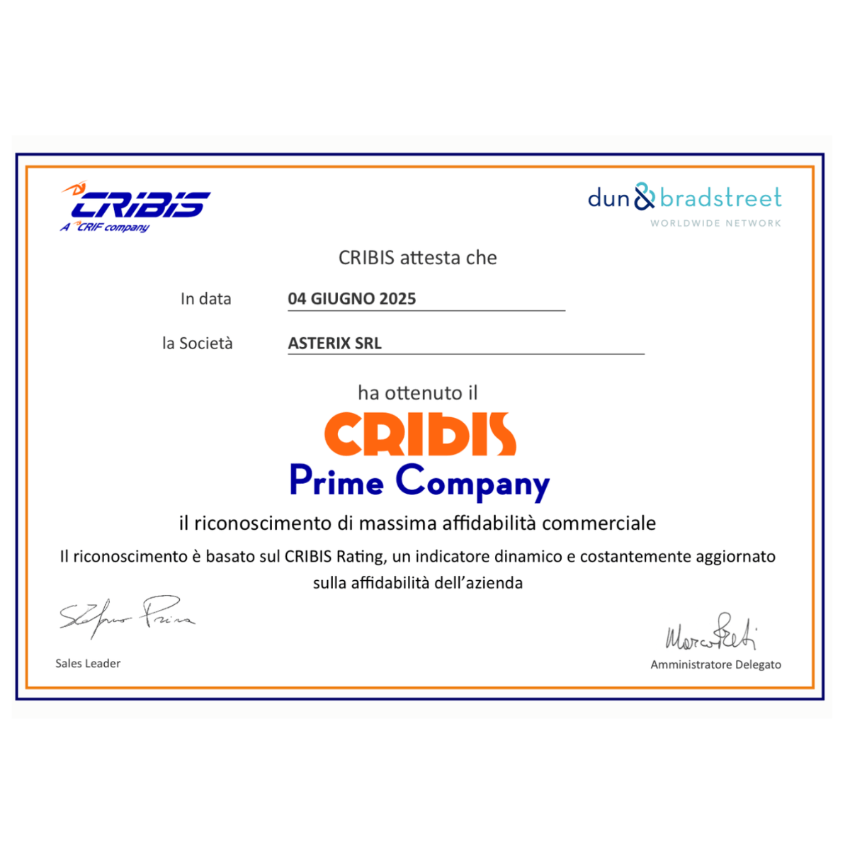 CERTIFICAZIONE PRIME COMPANY CRIBIS CERTIFICAZIONE PRIME COMPANY CRIBIS